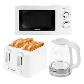 Geepas 1.7L Illuminating Kettle & Toaster Set with 20L Microwave Oven in White