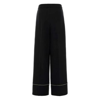 Fendi Wide-Leg Wool-Silk Blend with Contrast Trim Trousers - Black