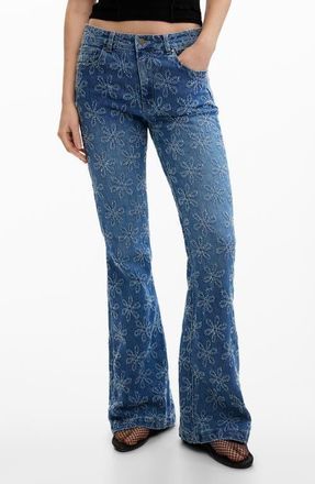 Desigual Floral Embroidered Flare Jeans in Medium Blue at Nordstrom, Size 38