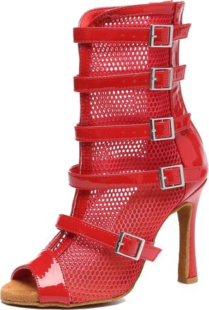 Minitoo Sexy Dance Heels for Women Elegant Open Toe Formal Party Evening Ankle Booties L575 Red 10cm Heel UK 8