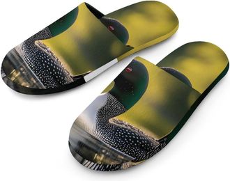 Generic Bird Swimming Lake Flannel Mens Slip-on Slippers Winter Warm House Shoes with Rubber Sole for Home Hotel