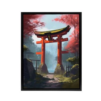 Artery8 Japanese Torii Gate in Forest Landscape Framed Canvas Wall Art Print | Size: W24 x H32