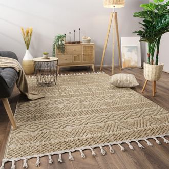 Paco Home Paco Home - Alfombra Salon De Habitacion Pelo Corto Motivo Boho Chic Motivo Nordica Flecos 120x160 Cm, Naturaleza