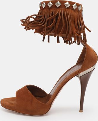 Gianvito Rossi Brown Suede Fringe Ankle Wrap Sandals