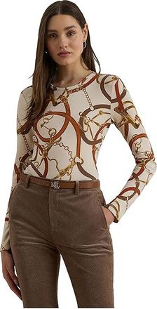 Lauren Ralph Lauren Petite Belting-Print Cotton Long-Sleeve T-Shirts Womens Clothing Cream : PXS, Cotton/Elastane