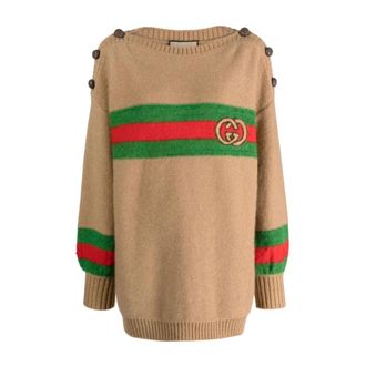 Gucci Interlocking G Patch Gebreide Trui - Dames - Ronde hals truien - Bruin - S - Wol - Truien & Vesten