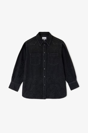 Ganni Black Shirt in Denim Broderie Anglaise - Size 8/10 Organic Cotton