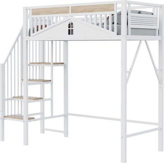 STILVORA Cama Alta Individual Con Escalera Segura, Almacenaje Y Barandilla Con Ventana, 90 X 200 Cm, Sin Colchon