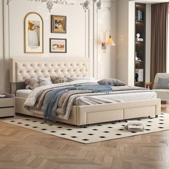 OEM Cama Con Cofre - 180x200 Terciopelo Beige - Cofre Hidr&aacute;ulico - 2 Cajones - Cabecera Acolchada