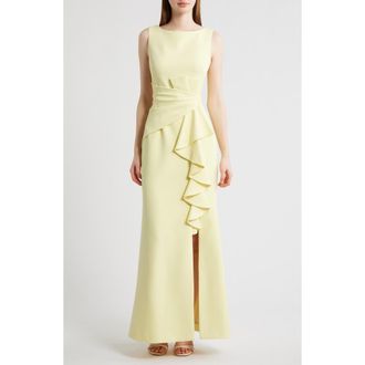 Eliza J Cascade Ruffle Sleeveless Gown in Butter at Nordstrom, Size 14