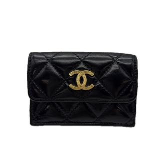 Chanel Matelasse Gold Black Leather Wallet (Tri-Fold) (Pre-Owned)