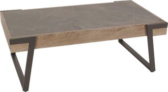 Hhg Hhg - Nunca Usado] Mesa De Centro 702, Mesa De Sof&aacute; Mesa De Sal&oacute;n, Hierro 43x120x64cm Piedra Sinterizada Aspecto M&aacute;rmol Gris Madera Gris-marr&oacute;n