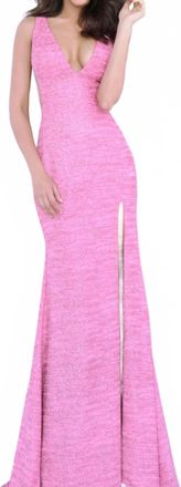 Jovani Royal V Neck Fitted Dress In Hot Pink