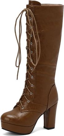 Generic Casual Riding Boots for Women, Mid-Calf Lace-Up Design with Chunky Block Heel, Perfect for Everyday Autumn Winter Wear,Brown,1.5 UK