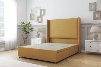 Sloomy Devonshire Plush Divan Base 2 Drawers - 54 Wingback Headboard in Mustard | Size: Small Double