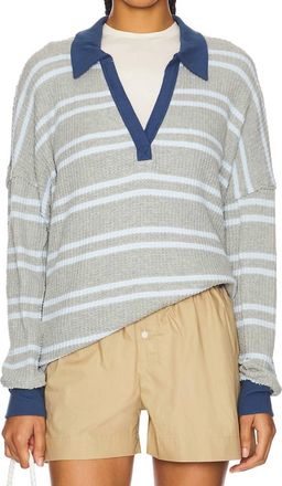 Free People Striped Travis Polo Top In Grey Combo