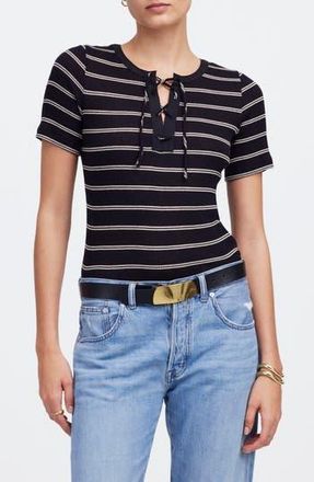 Madewell Rib Lace-Up Short-Sleeve T-Shirt in Jet Black at Nordstrom Rack, Size Xx-Small