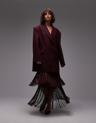Asos Gonna midi bordeaux con frange-Rosso