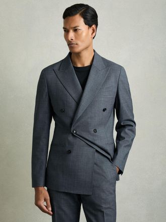 Reiss Airforce Blue Regular-fit Double-breasted Sharkskin Wool-blend Suit Blazer, 44R