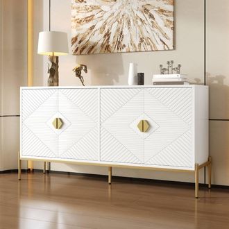 Merax 158cm Geometric 4-Door Sideboard with Metal Legs & Gold Handles in White