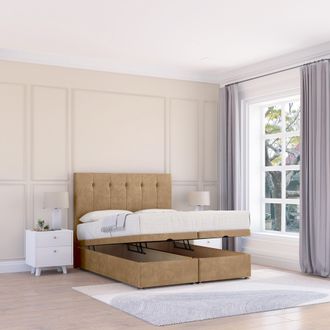 Sloomy Highbury Dumfries Fabric Ottoman Bed End Opening With Sprung Memory Mattress & 26 Inch strut Headboard in Light Beige | Size: Single