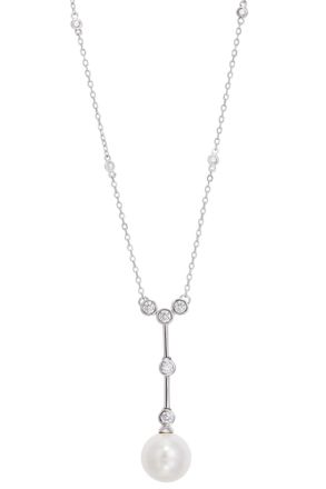 Savvy Cie Jewels RHODIUM PLATED WHITE CZ FAUX PEARLS Y NECKLACE
