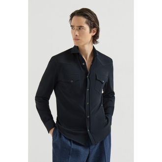 Brunello Cucinelli Cotton piqu&eacute; western shirt in Navy Blue at Nordstrom, Size Xx-Large