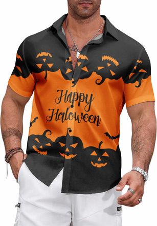 Generic Halloween Mens V-Neck Button Shirt -Pumpkin Autumn/Winter Casual Short Sleeved T-Shirt (UK, Alpha, XXL, Regular, Regular, 10)
