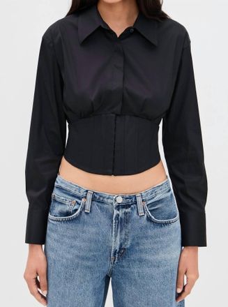 Alice & Olivia Cropped Bustier Button Down Blouse In Black
