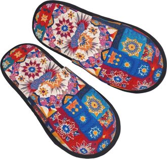 Generic Breathable Mens Slipper Retro Flores print House Slipper Non-Slip Winter Slippers for Bedroom Family Ladies M