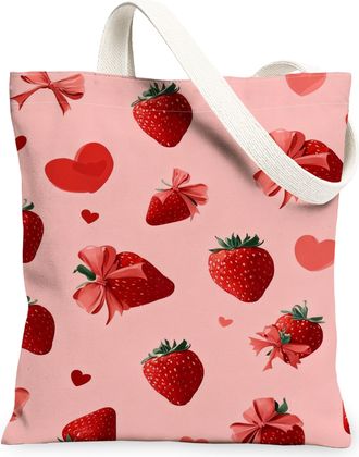 Generic Strawberry Heart Canvas Tote Bags, Cute Berry Pattern Reusable Grocery Bags, Spring Chic Lightweight Washable for Shopping, Peach, 13x15 Inch