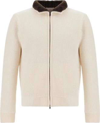 Herno Ribbed Wool Cardigan with Double-Zip - Heren - Vesten - Wit - L - Wol - Truien & Vesten