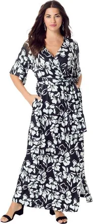 Roaman's Plus Size Flutter Sleeve Wrap Maxi Dress in Black White Flowers at Nordstrom, Size 28