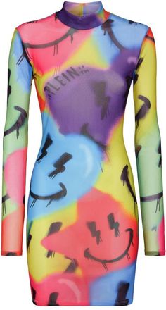 Philipp Plein Mini Dress LS Smile - Dames - Korte kleedjes - Veelkleurig - XS - Polyester - Kleedjes