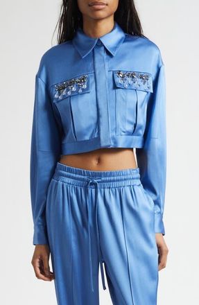 Cinq &agrave; Sept Damoni Gemstone Crop Satin Jacket in Cobalt Wave at Nordstrom, Size Xx-Small