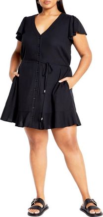 City Chic Betty Flutter Sleeve Button Front Tie Waist Dress in Black at Nordstrom Rack, Size Xs/14W