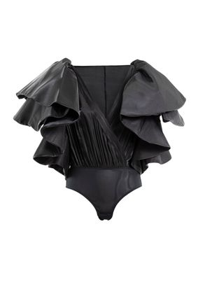 Saiid Kobeisy Deep V-Neck Ruffled Satin Bodysuit