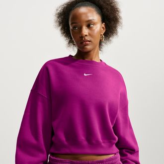 Nike Womens Studio Fleece Medium Weight Oversized Cropped Crew in Red | IM8497-630