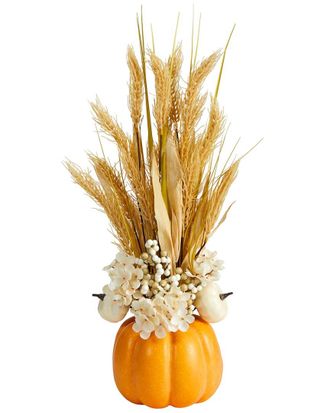 Nearly Natural 21In. Autumn Dried Wheat & Pumpkin Artificial Fall Arrangement In Decorative Pumpkin Vase