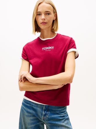 Tommy Jeans Kurzarmshirt TOMMY JEANS TJW REG ESSENTIAL LOGO 2 TEE EXT, Damen, Gr. XL (42), lavish cerise, Single Jersey, Obermaterial: 100% Baumwolle, bedruckt, r