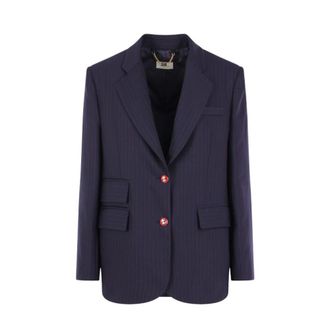 Elisabetta Franchi Pinstripe-Pattern Logo-Button Blazer - female - Elisabetta Franchi - Blazers - Blue - XS - Jackets