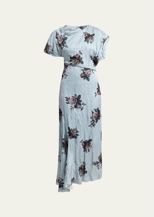 Erdem Floral Crushed Satin Short-Sleeve Asymmetric Midi Dress