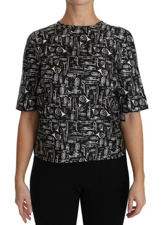 Dolce & Gabbana Womens Black Musical Instruments Print Silk Blouse