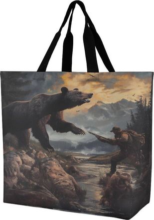 Generic Bear Hunting Reusable Shopping Bags Large Capacity Grocery Bag Heavy Duty Tote for Women 40x40x16cm