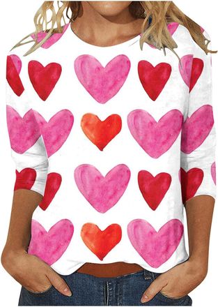 Generic Valentines Day Shirts for Women Love Heart Print 3/4 Sleeve Tops Cotton Crewneck Pullover Blouse Tunic Tshirt Womens Shirts Large (Pink, L)
