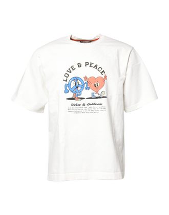 Dolce & Gabbana Mens White Love & Peace Print Crew Neck T-Shirt Cotton