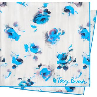 Tory Burch Floral Rose Square Silk Neckerchief in Blue Roses Neckerchief Blue at Nordstrom
