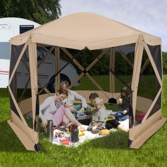 Costway Costway 346 x 305 cm Pop-up Screen House Tent 6-Sided Camping Gazebo Instant Setup Hub Tent with Portable Carrying Bag in Beige
