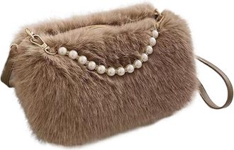 Generic Womens Plush Bags Fluffy Winter Crossbody Bags For Women Pearl Chain Decor Shoulder Bag Ladies Handbags And Purse(Coffee)