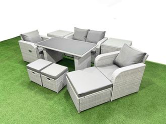 Fimous Outdoor Rattan Garden Furniture Dining Set 7-seater with 2 Side Tables in Light Grey